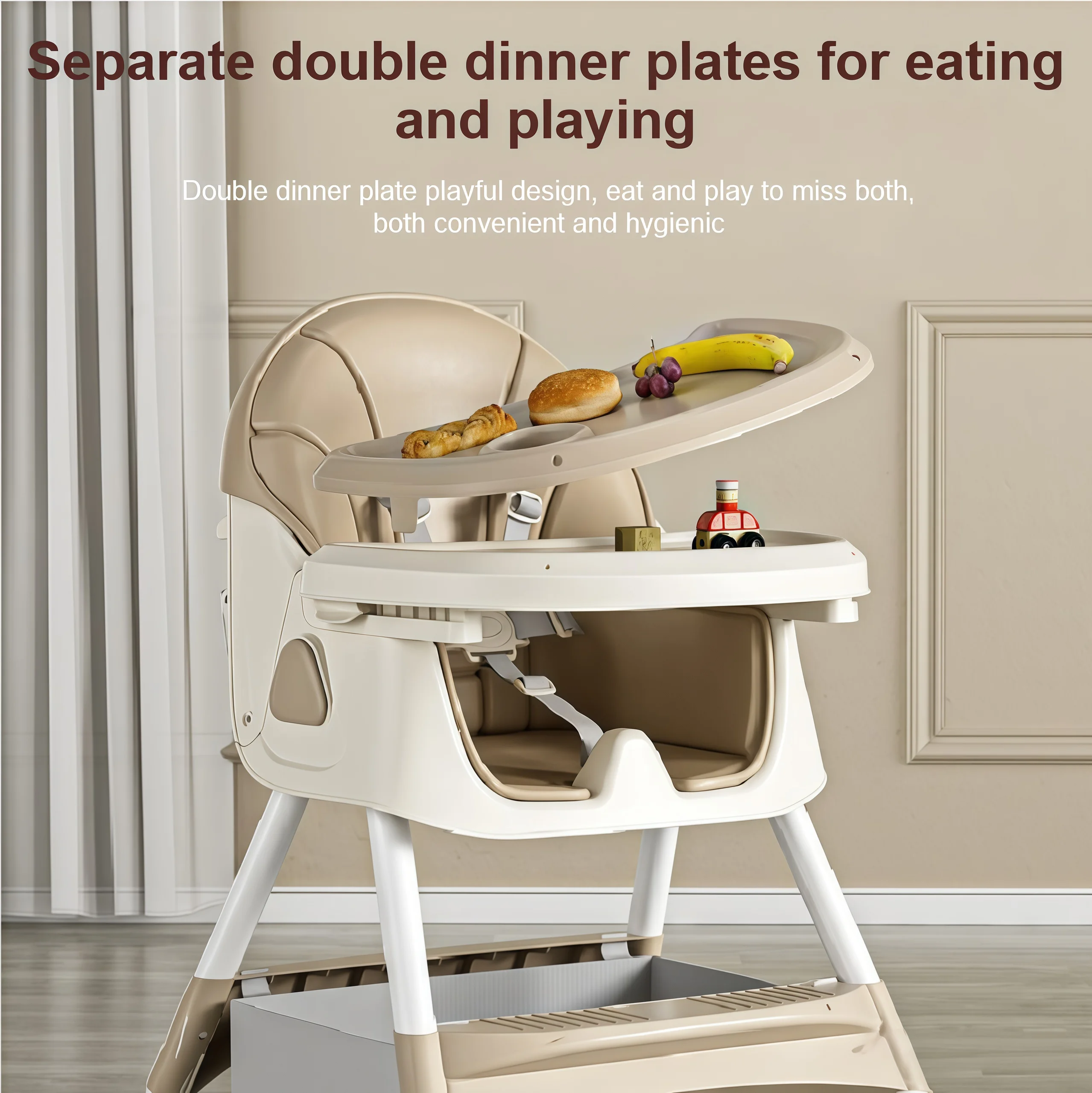 Baby-Hochstuhl Umwandelbar zum Schaukelstuhl 6 Monate-6 Jahre Kleinkindstuhl mit Abnehmbarem Spieltisch Großer Aufbewahrungskorb, 360° ° Räder