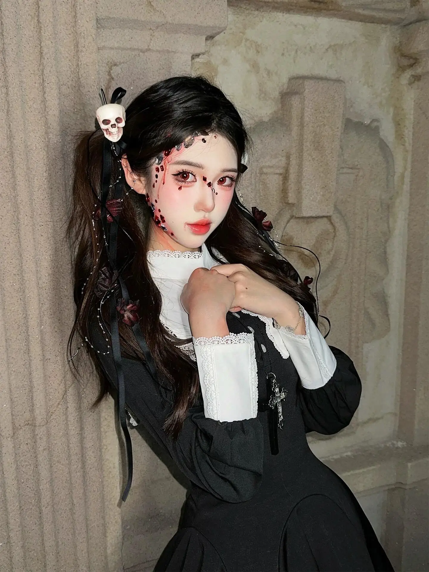 فستان راهبة قوطي بخصر مرتفع Ltt7، زي تنكري لحفلات عيد الميلاد، تصميم كاذب من قطعتين بأسلوب داكن، زي تقليدي للنساء