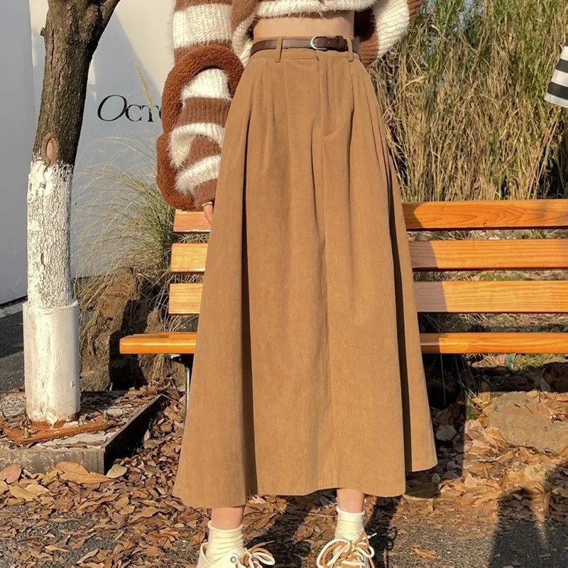 Vintage Belt Corduroy Women Mid Skirts Soft Comfortable High Waist Pleated A Line Skirts Autumn Korean Style Casual Female Skirt