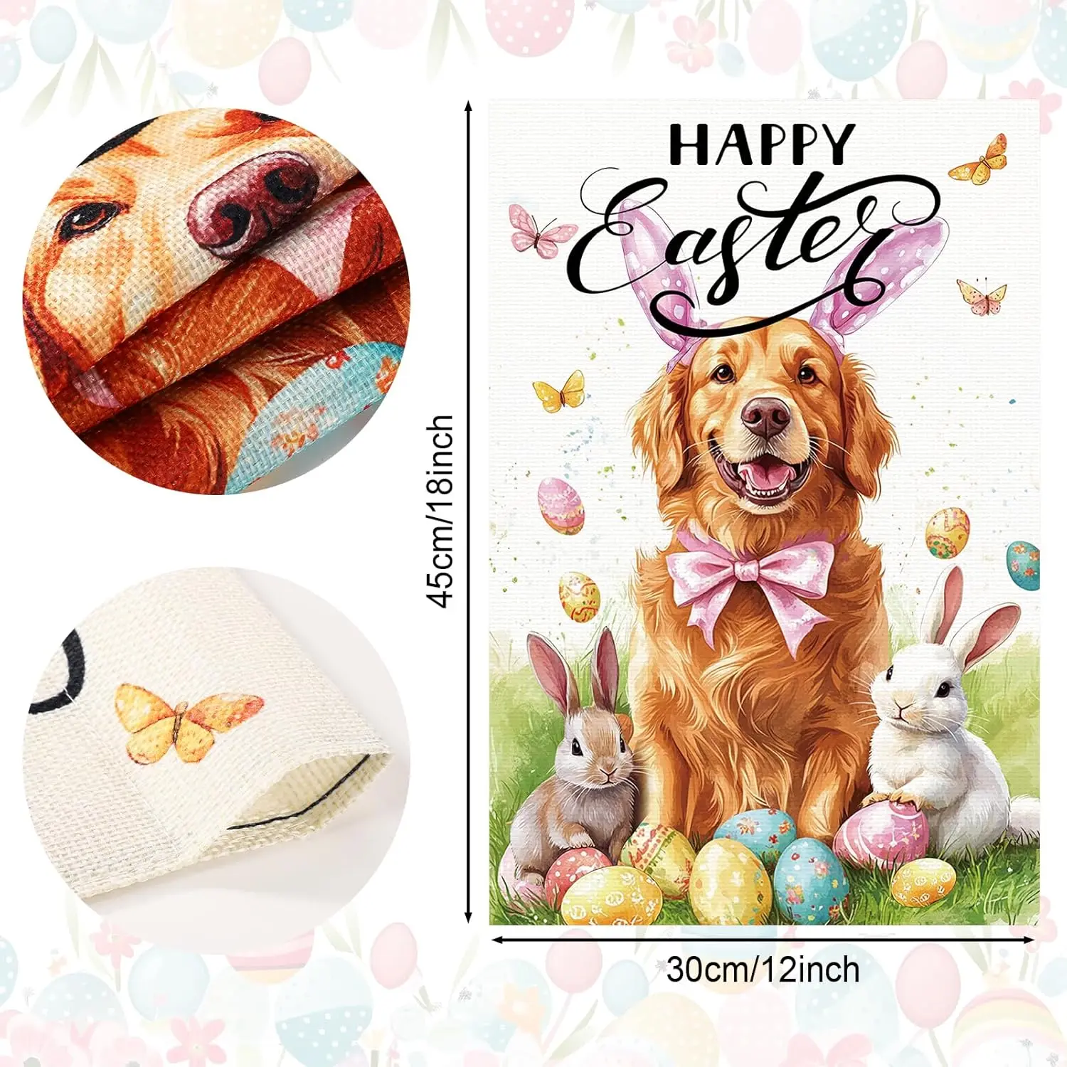 Happy Easter Day Garden Flag, 18x12in Linen Cute Dog Bunny Eggs Spring Yard Decoration for Seasonal Holiday Outdoor Outside  SSL