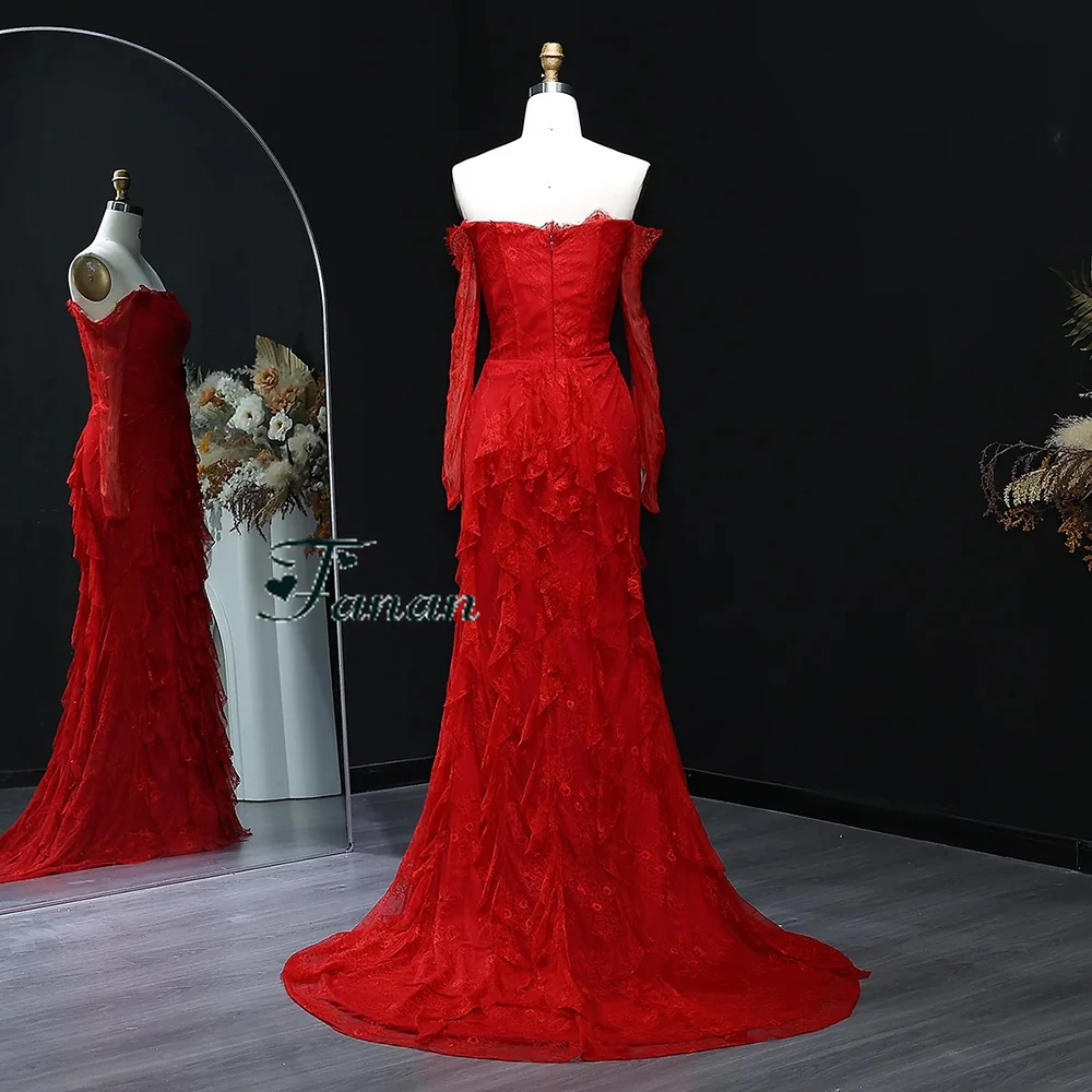 Personalizado barco pescoço renda vermelha luxo chão vestido de noite ruched ilusão mangas completas vestido de festa sereia até o chão vestido de baile