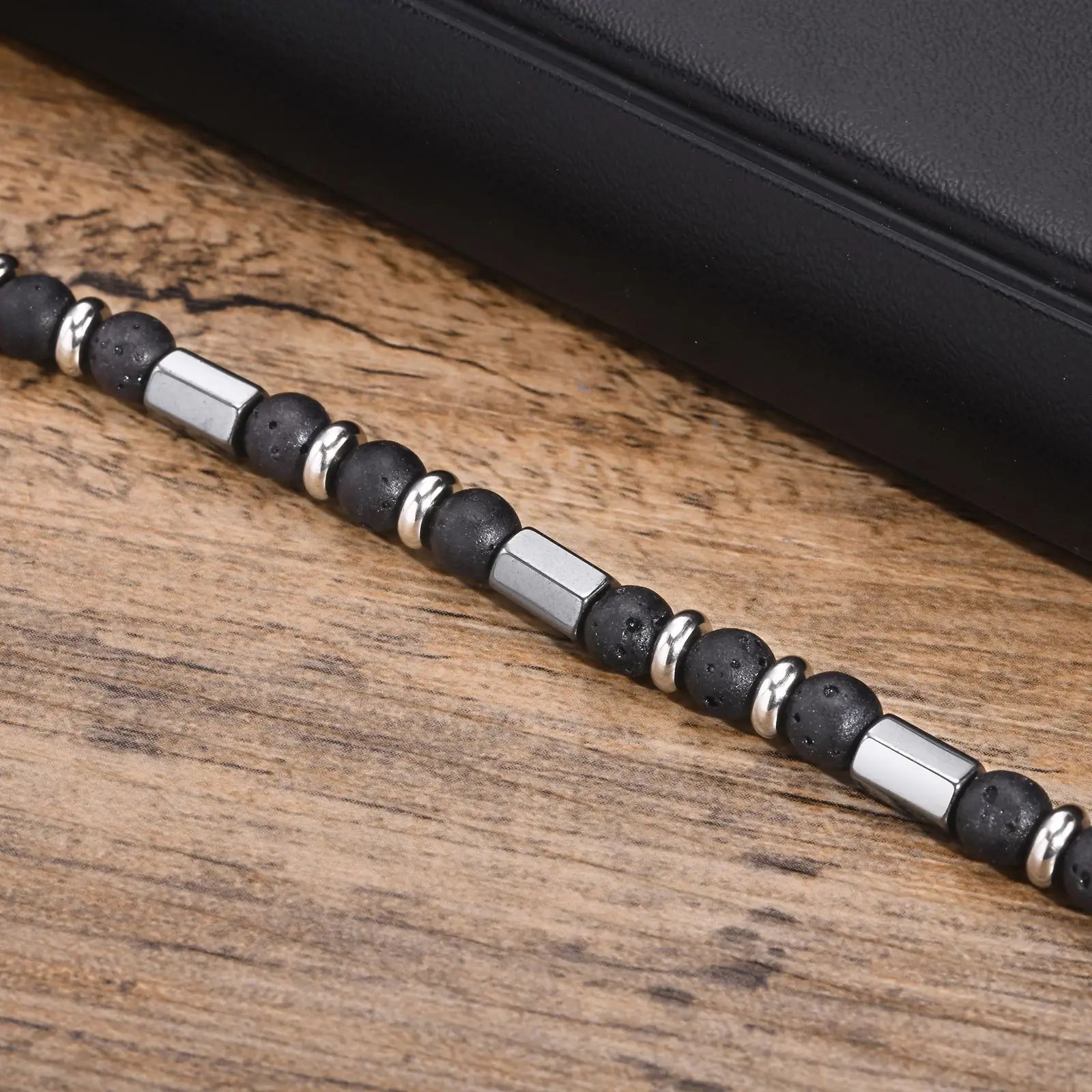 Vnox Cuboid Geometric Tube Beads Chain Necklaces for Men Women, Black Lava Stone Beaded Choker Collar, Healing Balance Jewelry