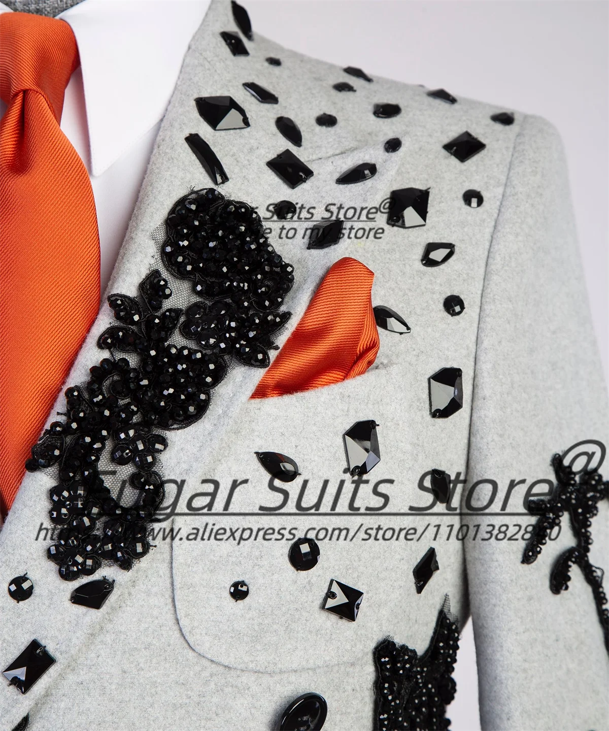 3D Beading Luxuly Long Male Blazers Slim Fit Peak Lapel Groom Wedding Tuxedos Business Men Suits 2 Pcs Fashion Costume Homme