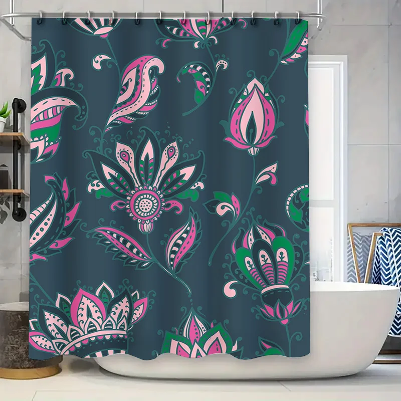 ستارة دش مطبوعة بالزهور نابضة بالحياة، ديكور حمام مقاوم للماء لتزيين غرفة المعيشة المنزلية، أخضر وردي أسود أرجواني (Bl) #4