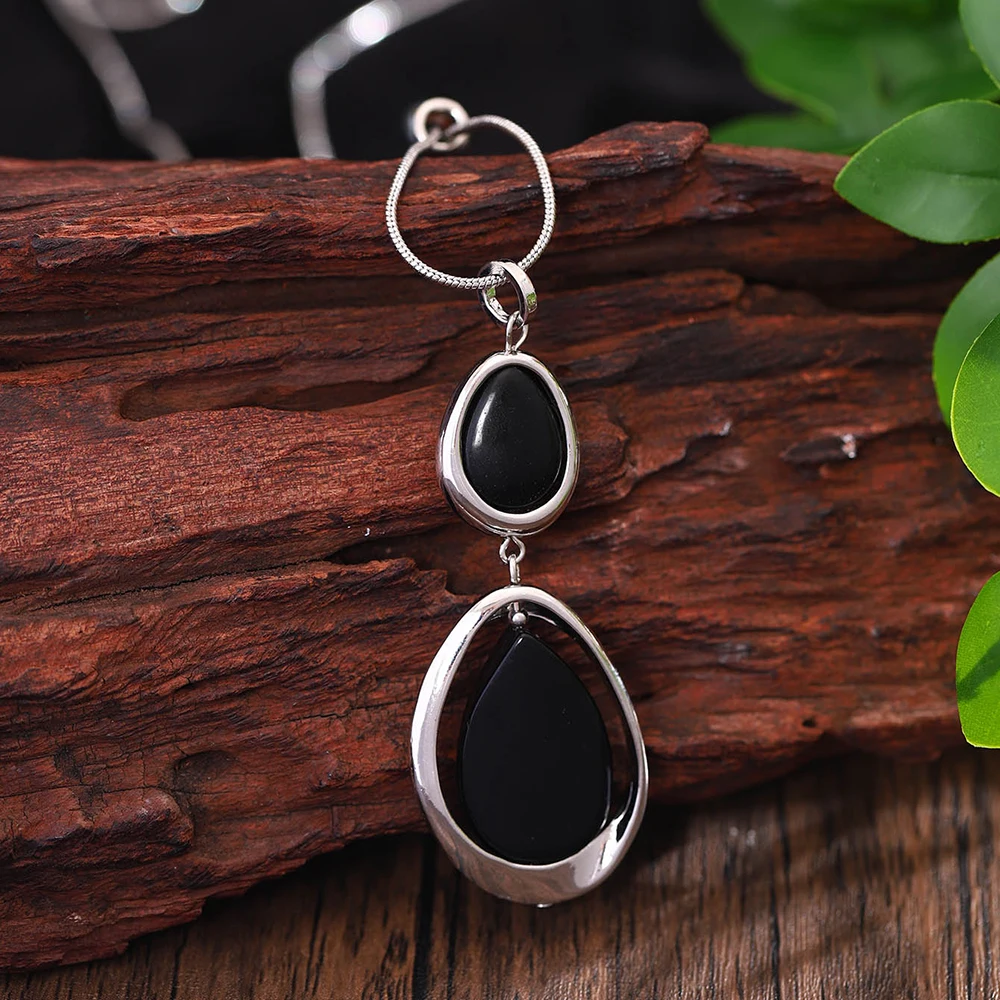 Fashion Silver Color Geometric Black Stone Pendant Necklace for Women Accessories Trendy Long Necklaces Daily Party Jewelry Gift