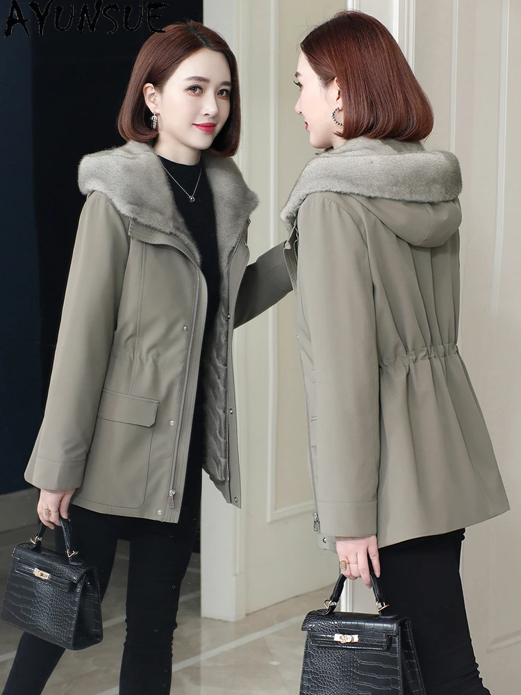 معطف فرو المنك الحقيقي من AYUNSUE ملابس شتوية للنساء سترة متوسطة الطول معطف فرو حقيقي معاطف نسائية بطانة قابلة للفصل
