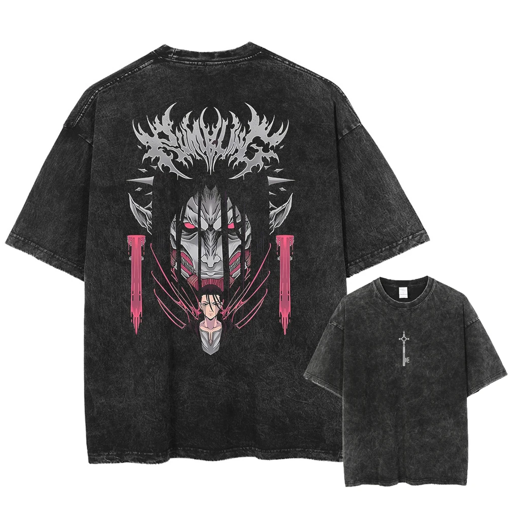 Hot Anime Attack On Titan Eren Jaeger Graphic Washed Tshirt Men Manga Vintage T-shirts Harajuku Male High Quality Cotton T Shirt