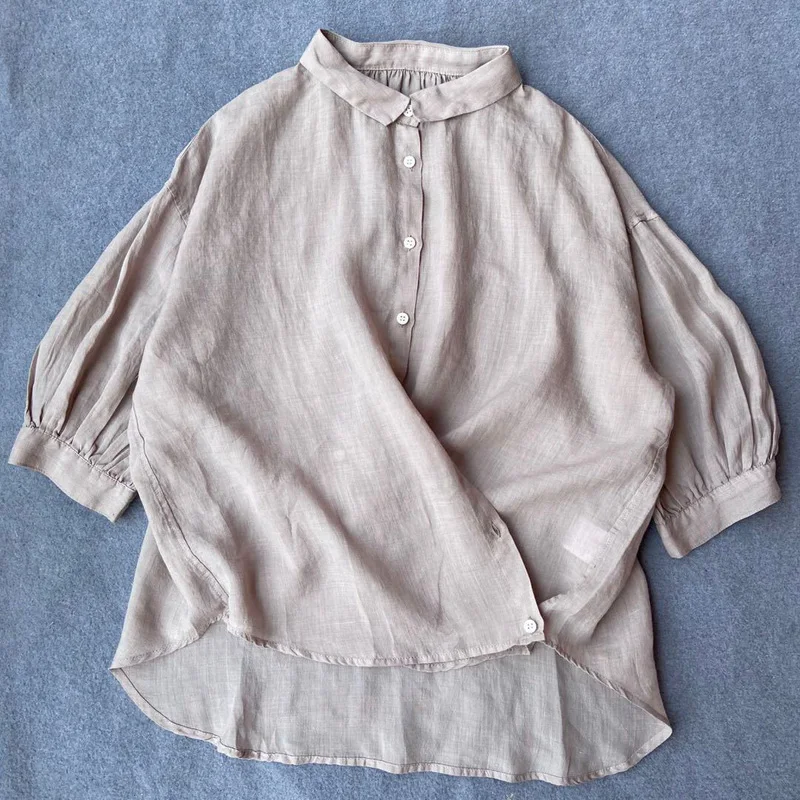 Johnature New Vintage Linen Women Shirts 2024 Summer 5 Colors Button Loose Thin Sunscreen Female Blouses