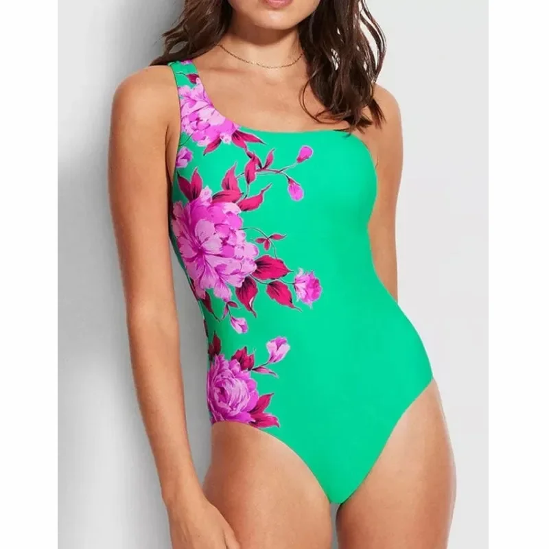 Green One-Shoulder Flora Print Bikini Sets Swimsuit & Skirt Women One Piece Brazilian Holiday Swimwear 2022 Beach Bathing Suits