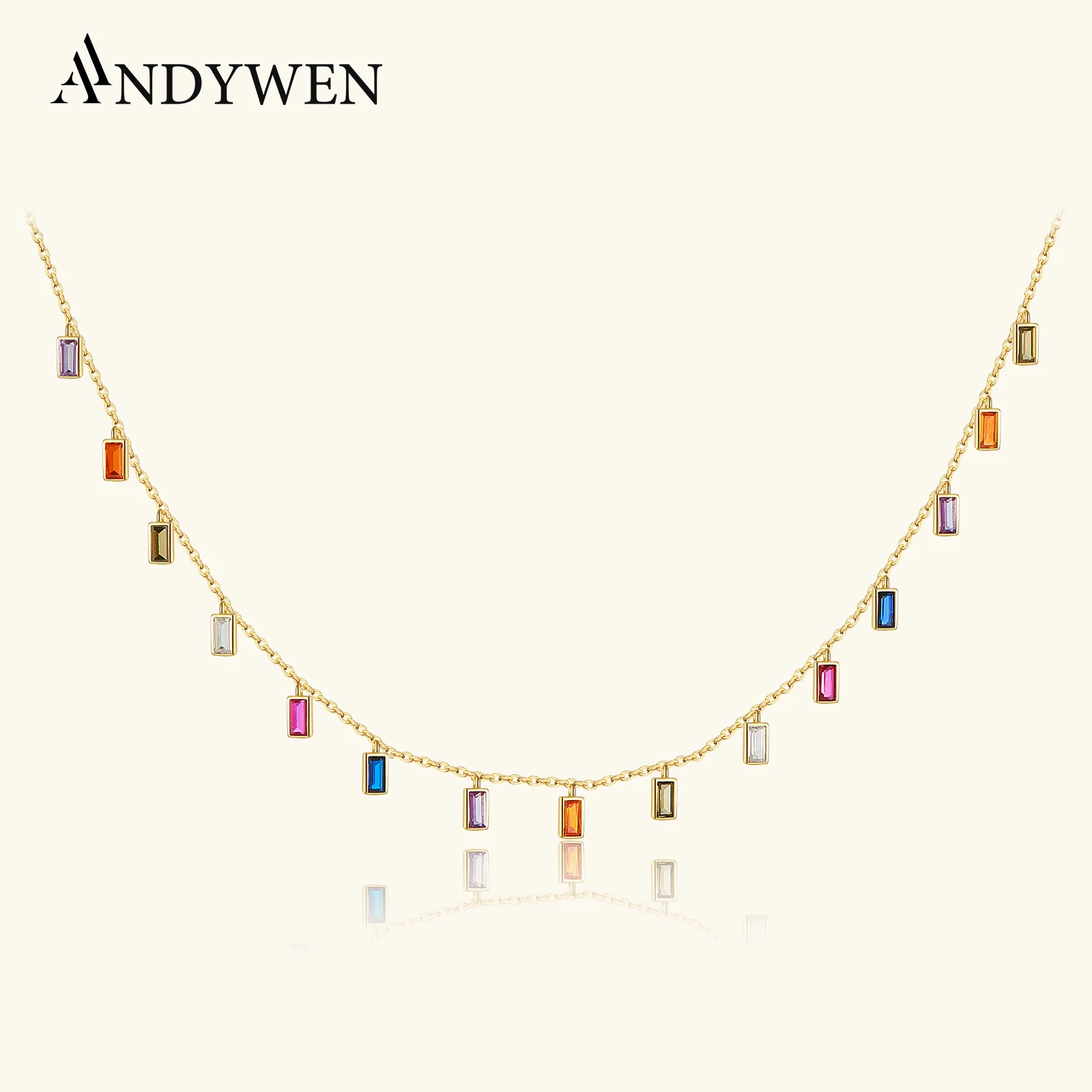

ANDYWEN стерлингового серебра 925 пробы, красочные цирконовые подвески, радужная цепочка, колье, длинное ожерелье, модные женские европейские вечерние ювелирные украшения