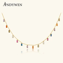 ANDYWEN 925 Sterling Silver Colorful Zircon Charms Rainbow Chain Choker Long Neckalce Fashion Women European Party Fine Jewelry