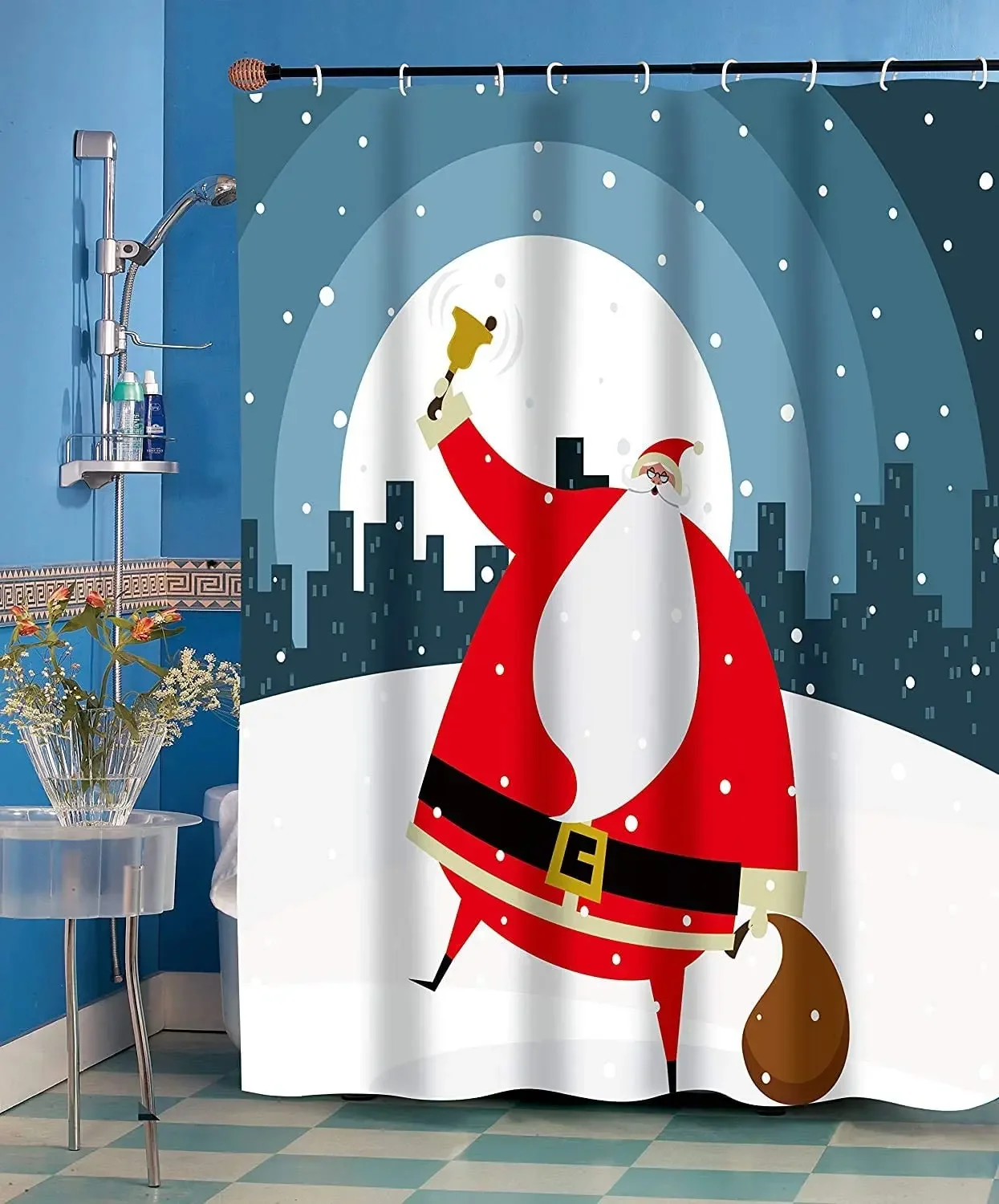 Merry Christmas Shower Curtain Set Santa Claus City Night View Snowflake Winter Festival Xmas Curtain With Hook Polyester Fabric