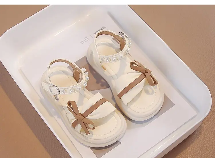 2026 Neue Sommer Kleinkind Schleifen-Strandschuhe Prinzessinnen Mädchen Leder Sandalen mit Perlenriemen Weiche Sohle Klassisch Elegant Party – Detail 6