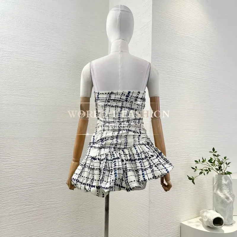 2025 White Plaid  Hand Painting Sleeveless Blouse Tops Invisible Side Zipper Closure