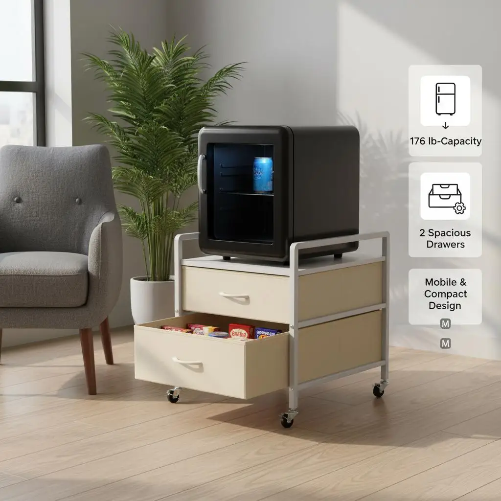 

Маленькая тележка-холодильник 20 x 20 x 18 дюймов для общежития, квартиры, офиса, грузоподъемность 176 фунтов, 2 тканевые ящика, 4 поворотных колеса, белый цвет