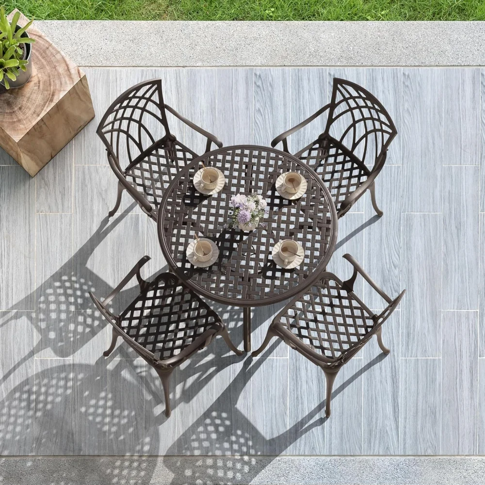 5 Piece Outdoor Patio Dining Set, All-Weather Round Cast Aluminum Dining Table