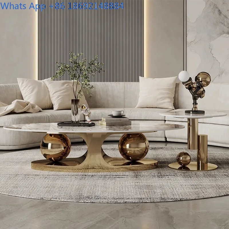 

Light Luxury Italian Style Modern Rock Plate Coffee Table Stainless Steel Oval Living Room Home Minimalist Creative Tea Table