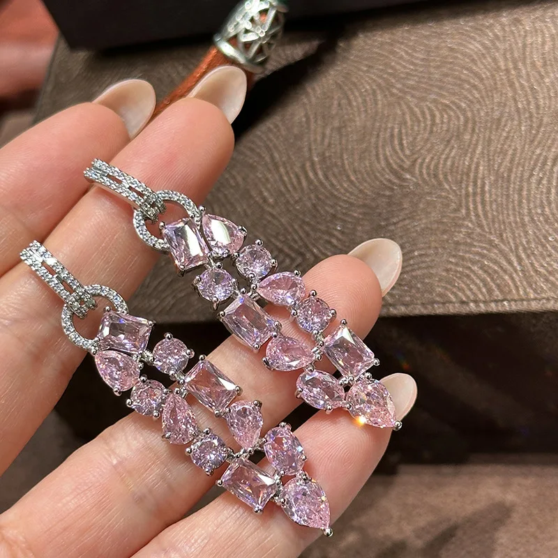 

Elegant Long Drop Pink Cubic Zirconia Earrings for Women Statement Luxury Crystal Dangle for Weddings Parties Fashion Jewelry