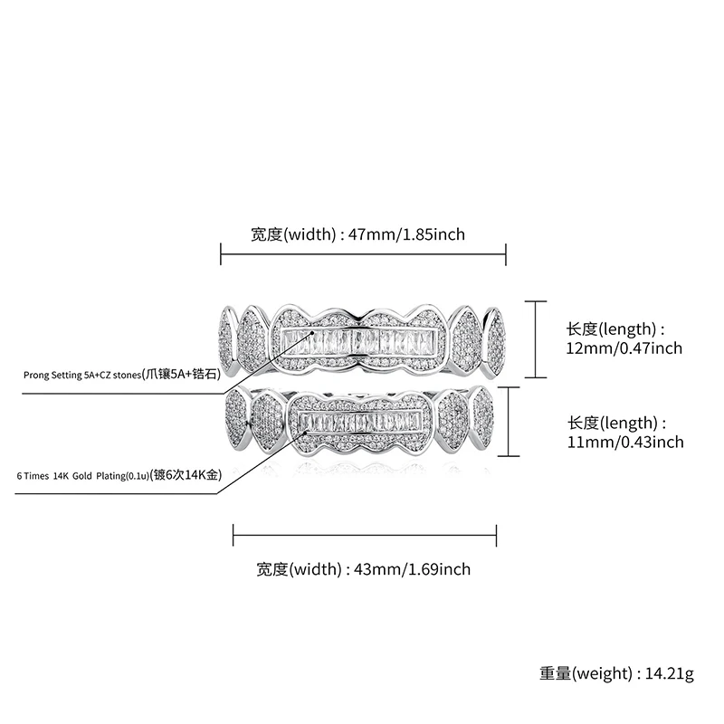 Hip Hop Micro Pave Cubic Zirconia Bling Iced Out Fang Top Bottom Teeth Grillz Dental Grills Gold Color Men CZ Rapper Jewelry