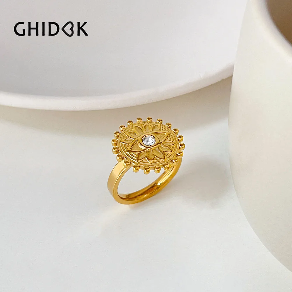 GHIDBK French Gold Color Rhinestone Eye Lotus Coin Ring for Women Stainless Steel Beaded Flower Signet Rings Jewelry Bohemian