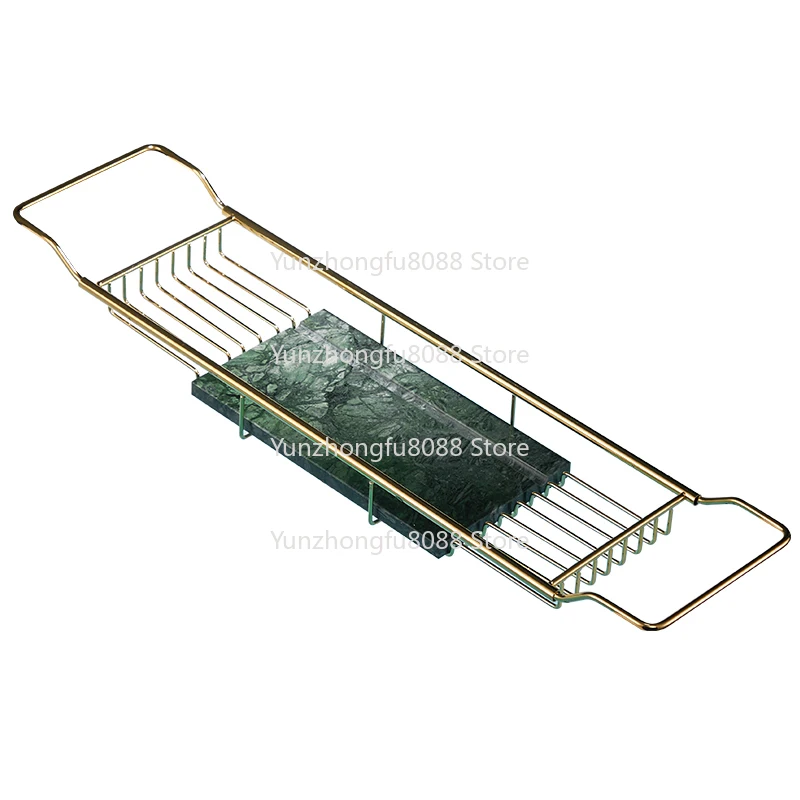 Natural Marble Stainless Steel Bathtub Tray with Extended Sides Telescopic Non-Slip Shelf Bathtub Table for Bath Time