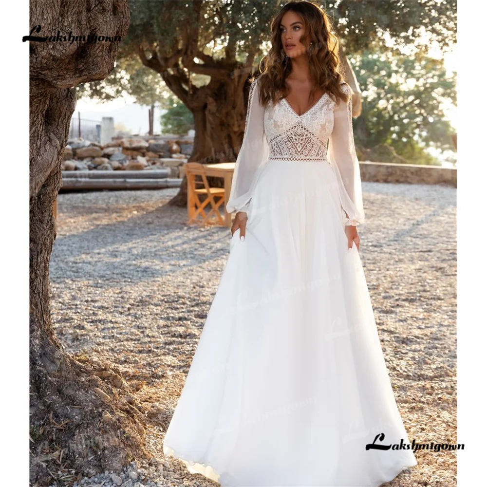 Lakshmigown Vestido de novia línea A con cuello en V 2025, vestido de novia de cola de corte de manga larga, vestidos de novia personalizados