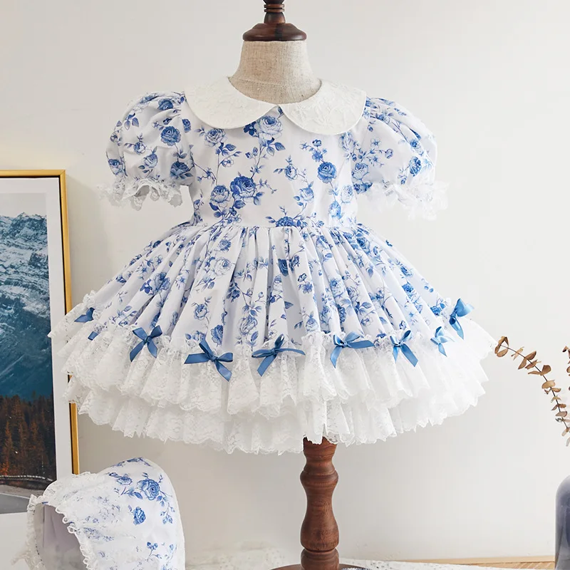 Summer 2PCS Baby Clothing Summer Spanish Lolita Ball Gown Lace Bow Print Design Turkey Vintage Princess Dresses For Girls Eid