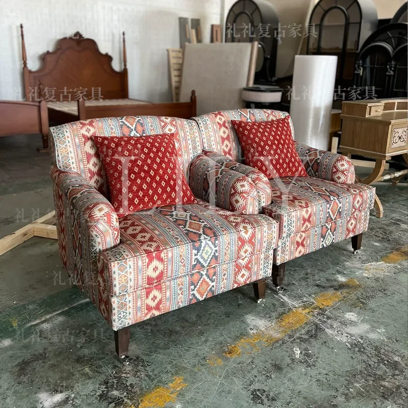 Retro Plaid Solid Wood Sofa Chair Single Seat for Living Room Bedroom Balcony Leisure Armchair