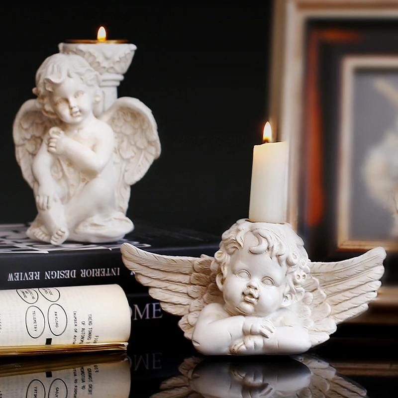 European Retro Old Cupid Angel Candle Holder Resin Ornaments Home Livingroom Desktop Figurines Crafts Hotel Sculpture Decoration