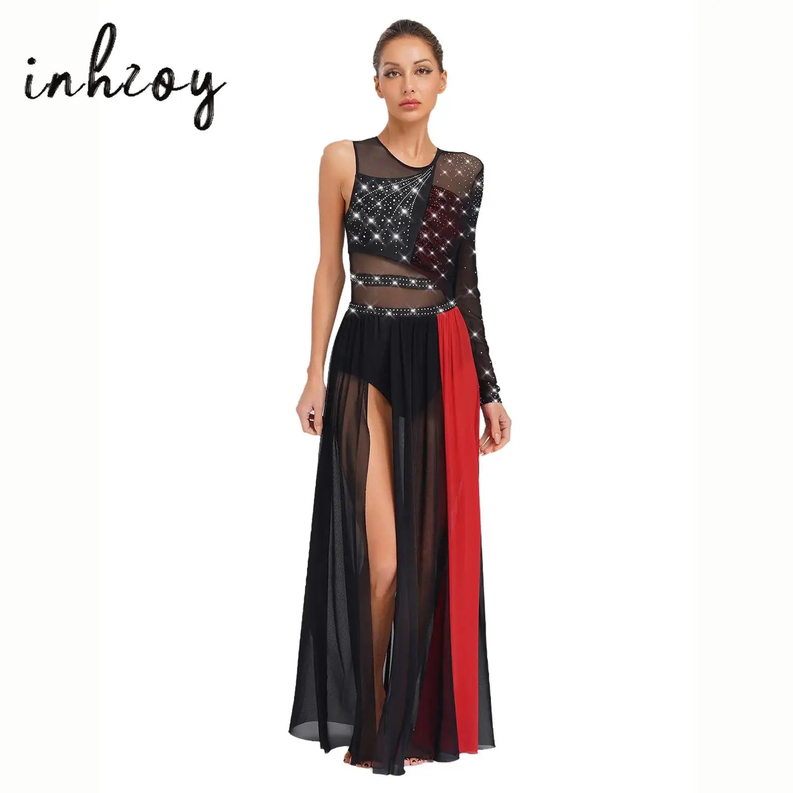 

Lyrical Dance Dress for Women Shiny Rhinestones Side Split Sheer Mesh Color Block Patchwork Leotard Dress Modern Ballet Dress