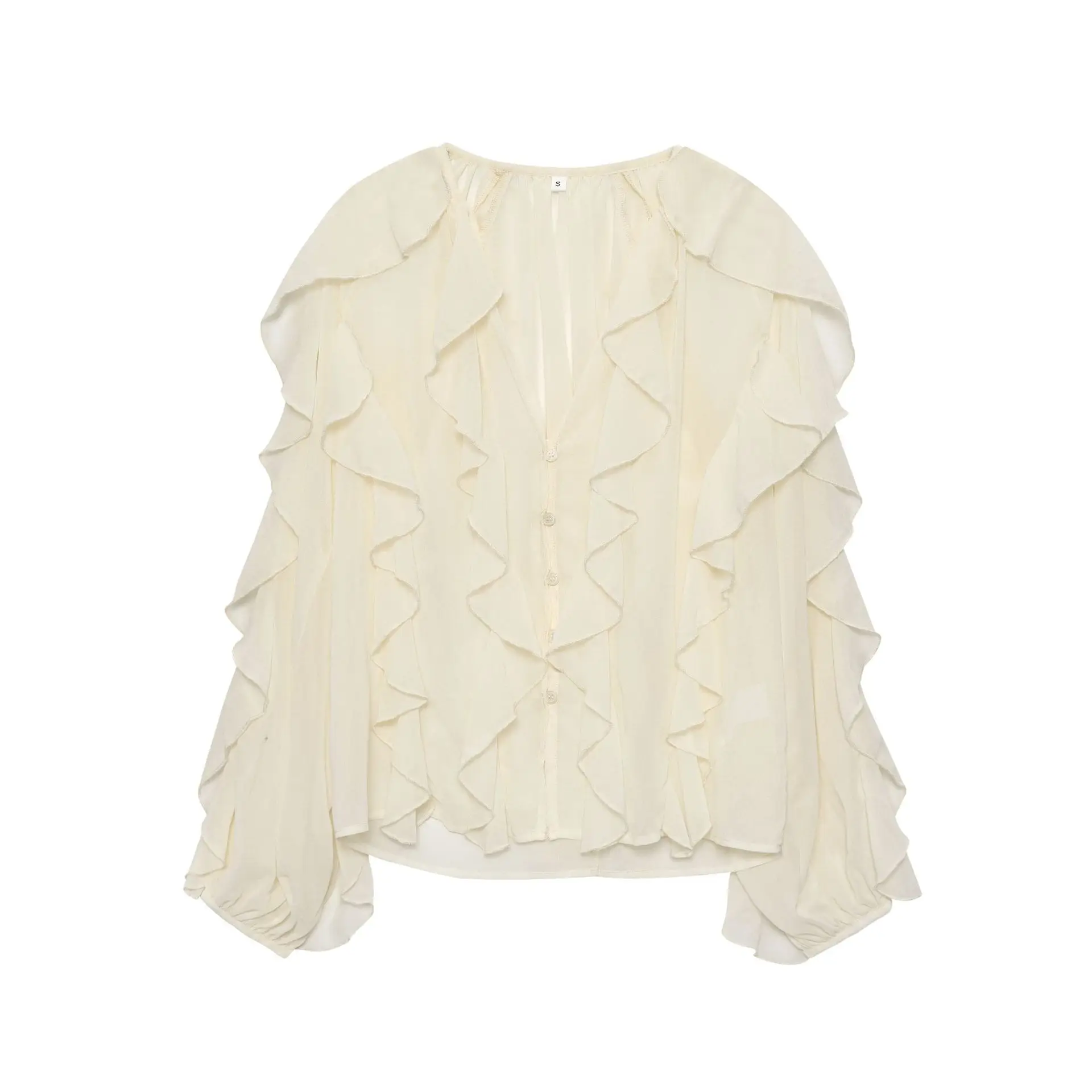 

Kimotimo Fairycore Ruffled Long Sleeve Blouse Women Autumn New V Neck Single Breasted Loose Tops Mujer Fashion Shirts Camisas