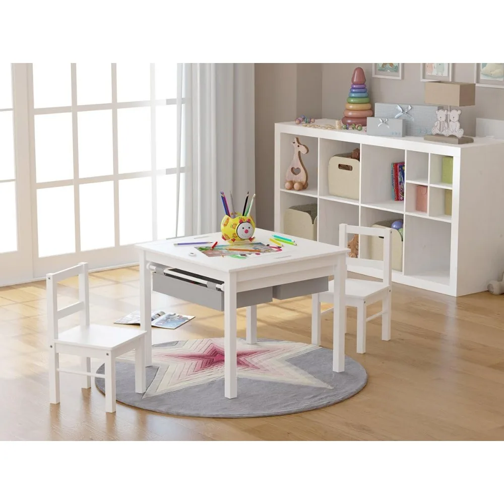 Wooden 2 in 1 Kids Construction Play Table and 2 Chairs Set with Storage Drawers, and Built in Plate Compatible