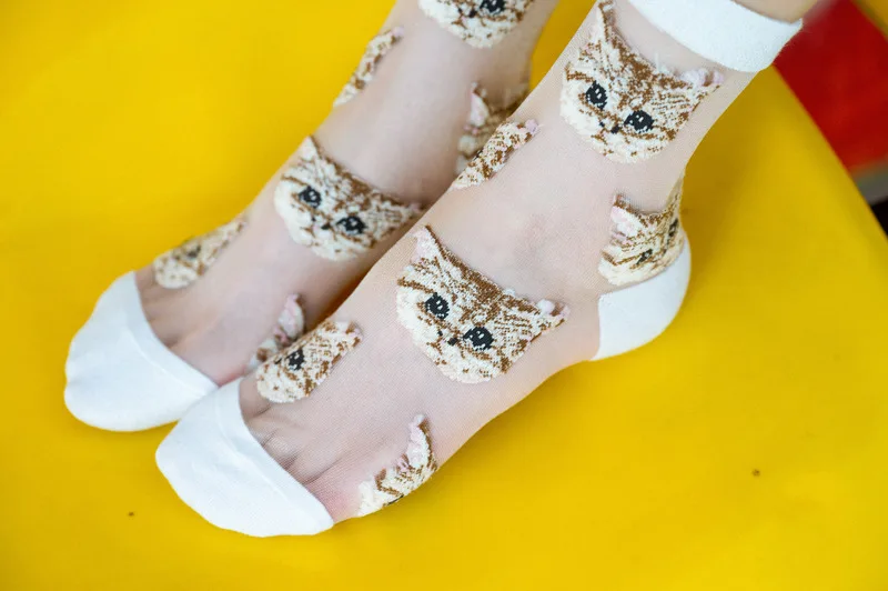 Frauen Transparent Nette Katze Socken Kawaii Damen Japanische Mode Koreanische Trendy Sommer Dünne Kristall Seide Socke Glasfaser Strumpf – Detail 6
