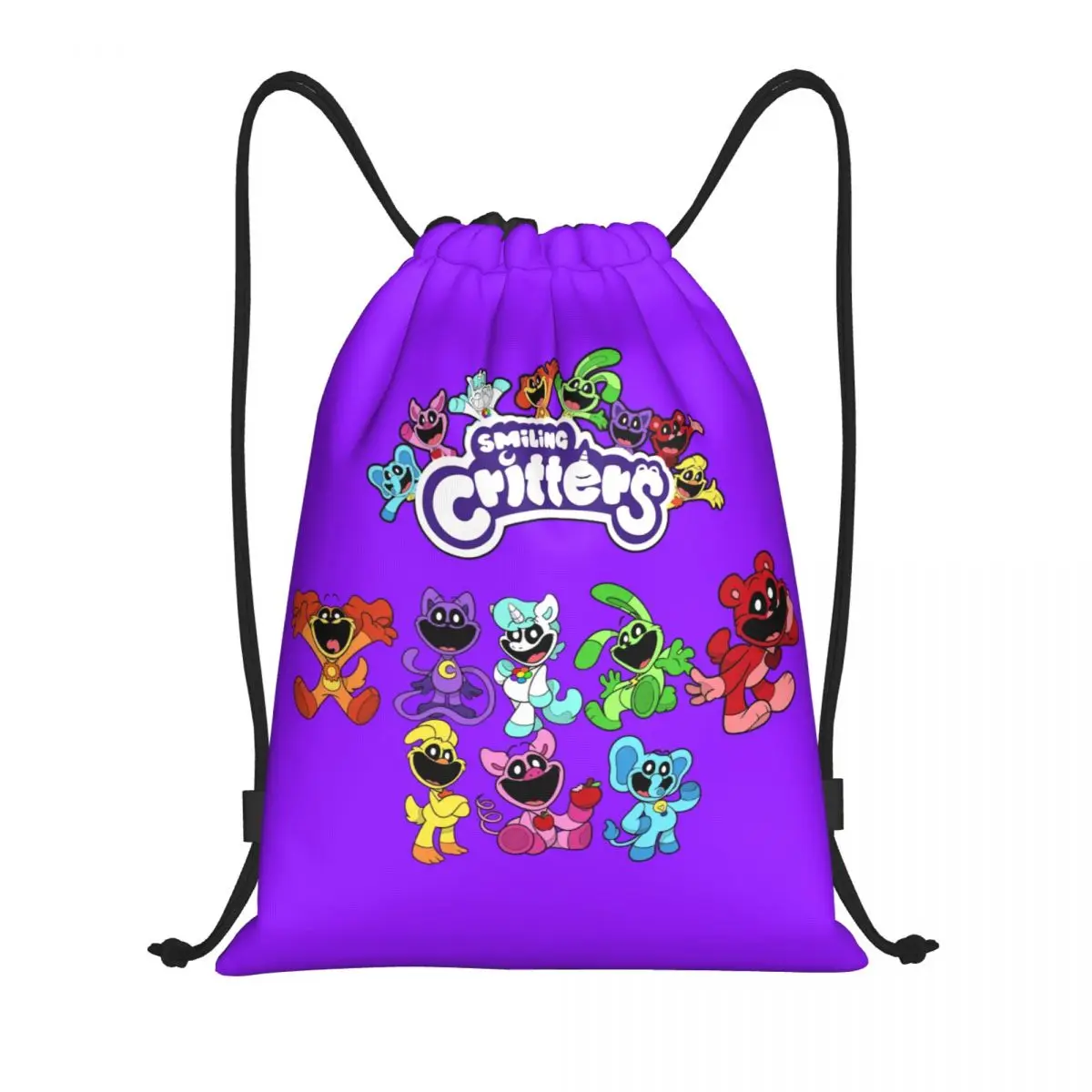 Custom Colorful Smiling Big Mouth Critters Group Drawstring Bags for Shopping Yoga Backpacks Scarry Animated Game Sports Gym