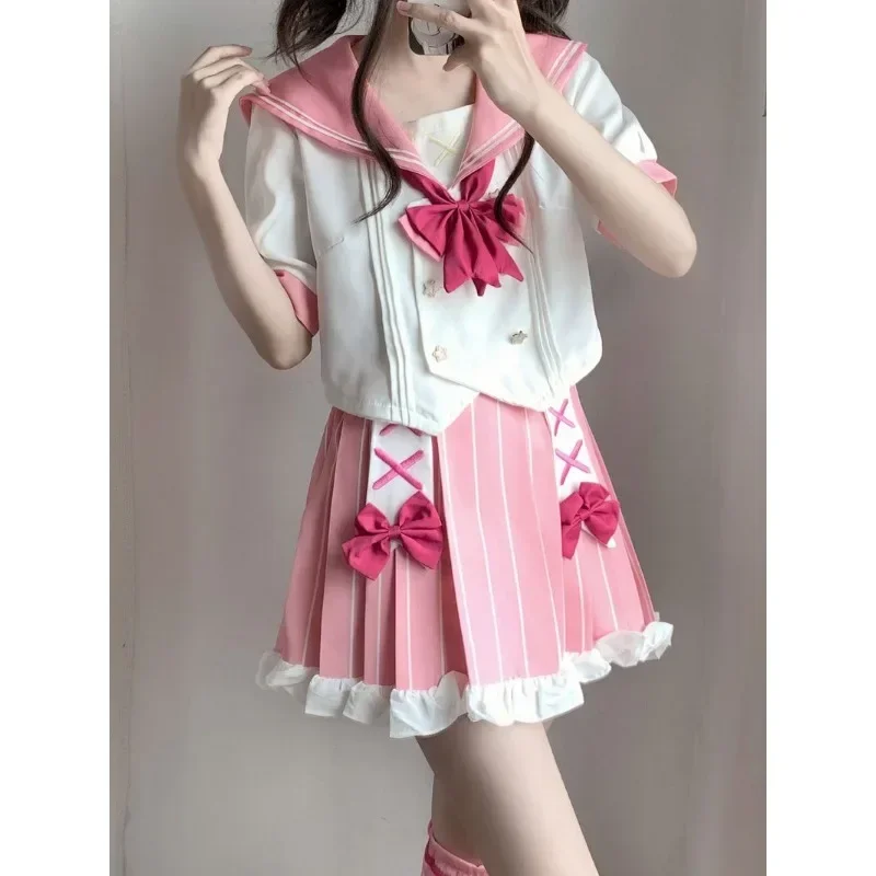 Original Kawaii Katze isst Fisch Matrosenanzug Top Rock Fliege Beinabdeckung Frauen japanische Mode Cosplay JK Anzug Schulkleidung