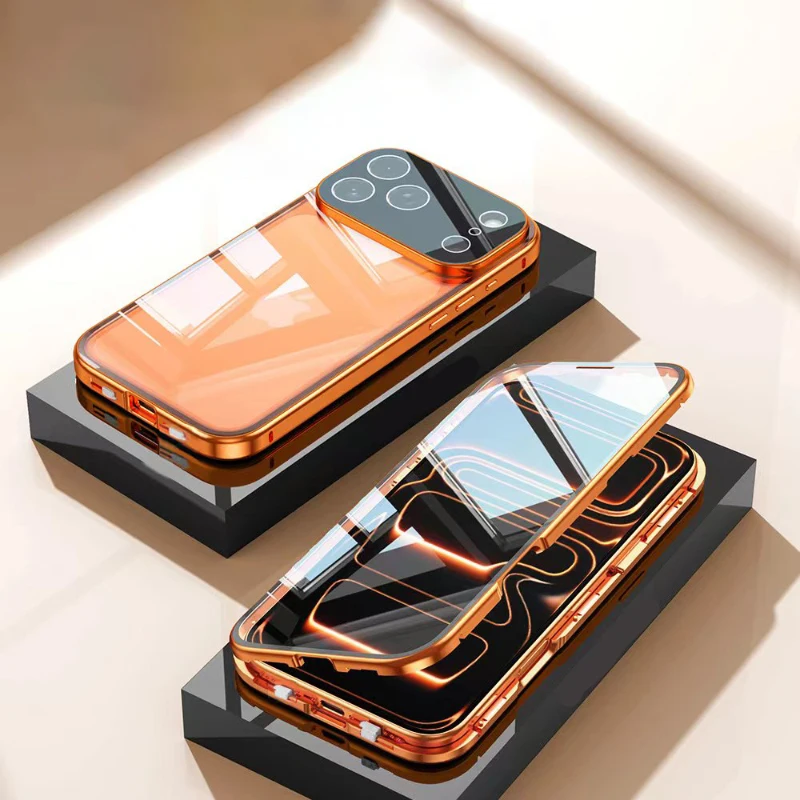 

Full Protection Metal Magnetic Double-Sided Glass Snap Lock Phone Case For iPhone 17 Pro Max 17 Air 16 Pro 15 14 13 Bumper Cover