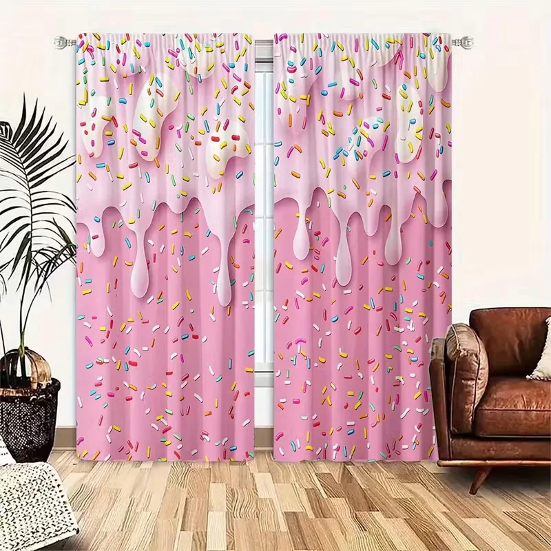 2pcs Cute Pink Dripping Frosting & Colorful Sprinkles Pattern Curtains, Designed for Light Blocking, Premium Material, Suitable