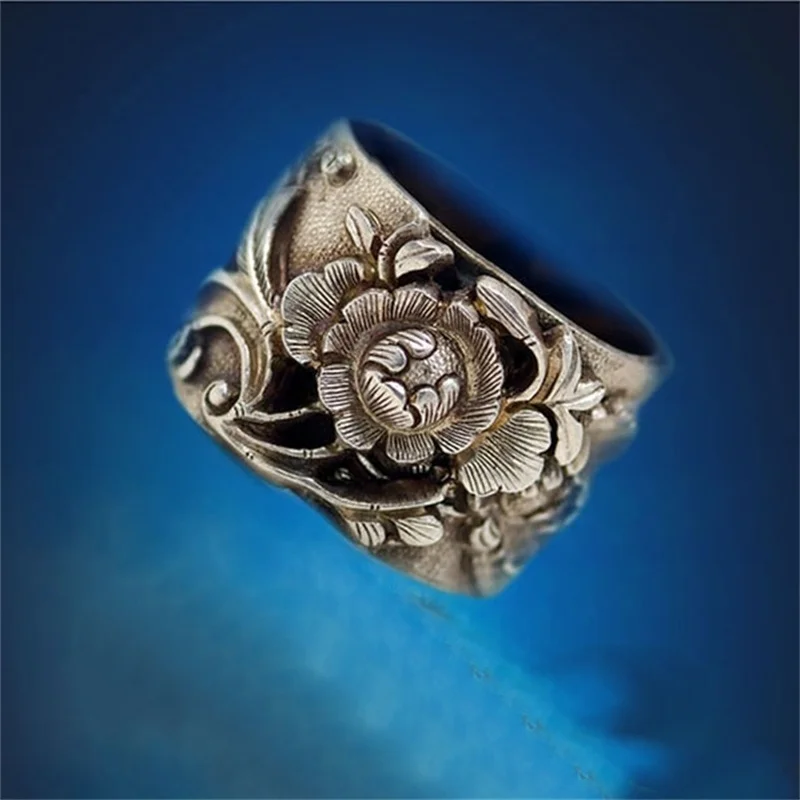 Retro Carving Flower Ring For Women Jewelry Trendy Wide Open Size Ring Female Finger Amulet Accessories Gift For Lover