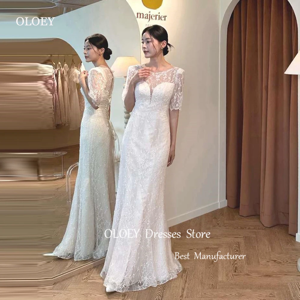 Oloey elegante renda sereia coreia vestidos de casamento jóia pescoço mangas curtas rendas até voltar vestidos de noiva sessão de fotos chão cusotm