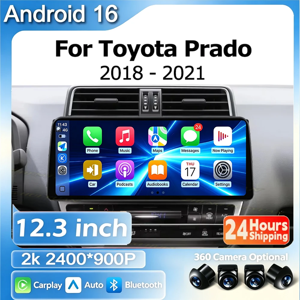 Android 16 12.3 inch For Toyota Prado 2018-2021 Lntelligent Multimedia Right Angle Touch Screen GPS Android Auto Carplay BT WIFI