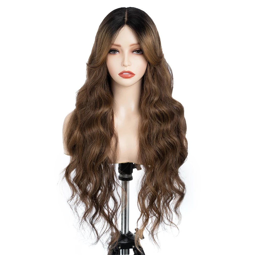 Synthetic Lace Wigs Water Wave  28 Inch Brown Chestnut Wig with Bang Lace Wig Ombre Brown Cosplay Wigs For Women Lace Front Wig