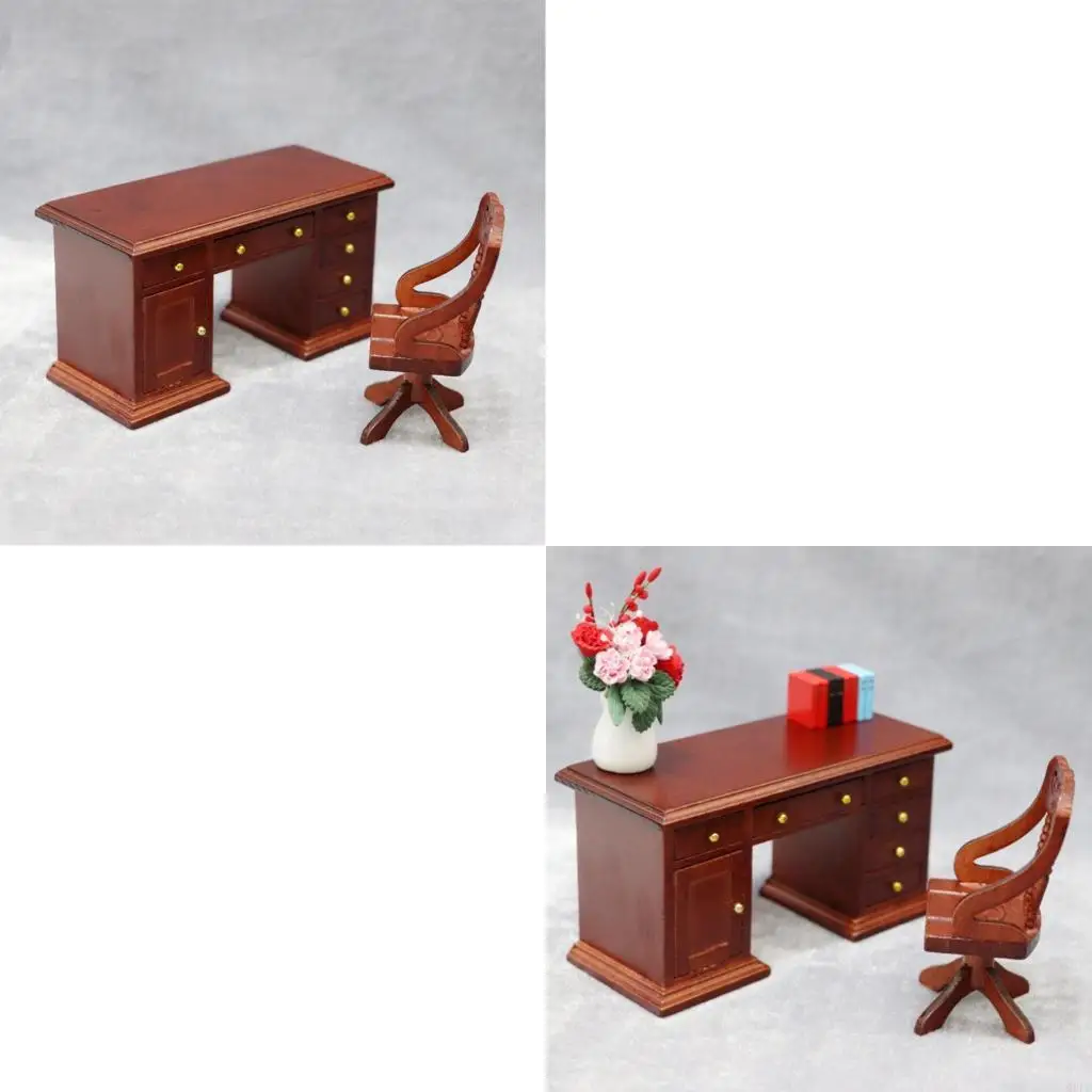 

1/12 Scale Study Room Desk And Chair Miniature Wooden Toy House Addition Item