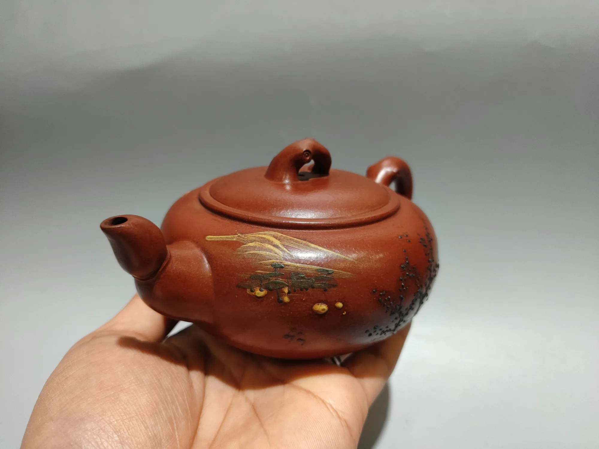 Yixing Purple Clay Teapot Old Red Mud Mud painting Landscape Pattern Pot Lotus Root Mouth Pot Kettle Teapot Flagon Ornaments