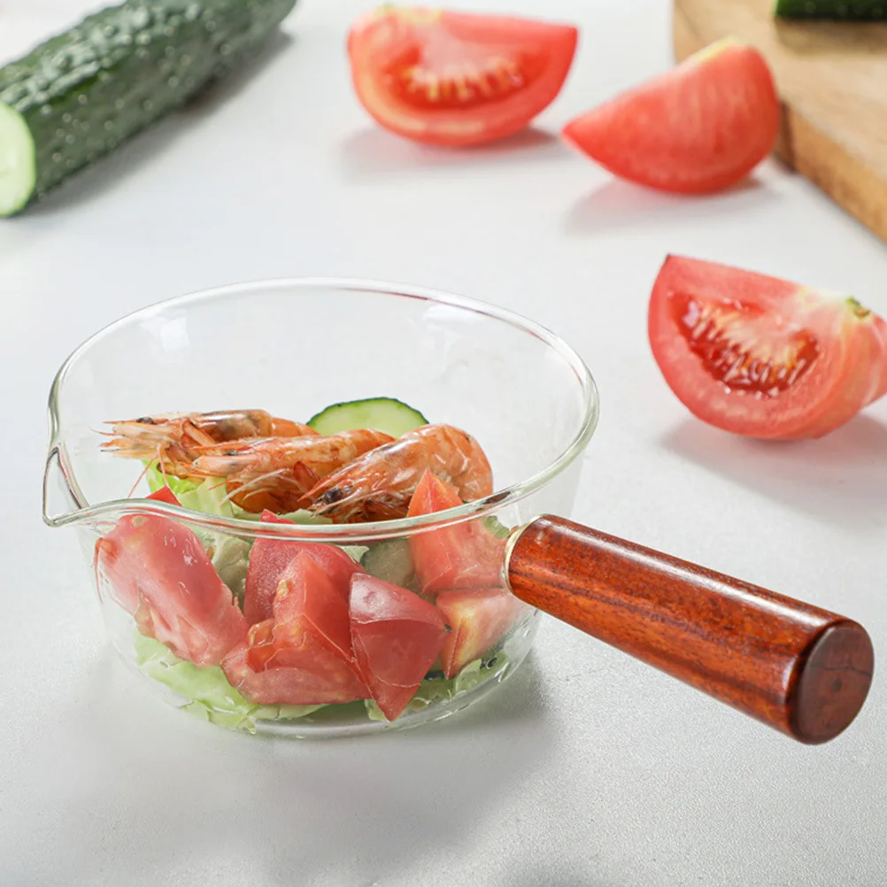

1Pcs Glass Breakfast Pot Wooden Handle for Milk Soup Noodles Instant Cooking Practical Kitchen Home Use