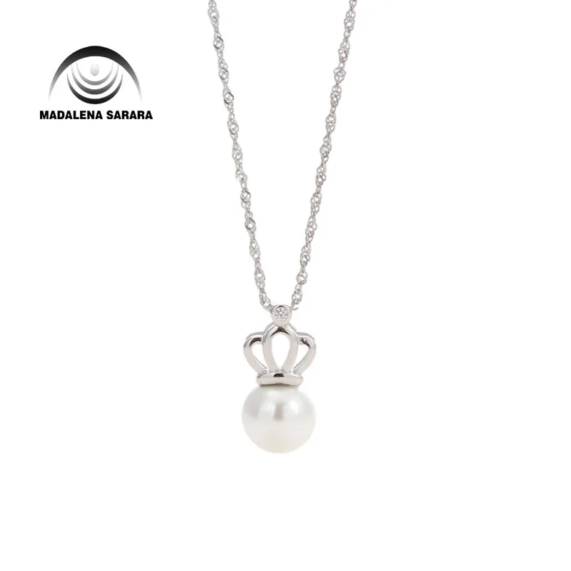 

MADALENA SARARA 9-10mm AAA Freshwater Pearl Semi Round Crown Style Sterling Silver 925 Chain Necklace AAAA CZ inlaid