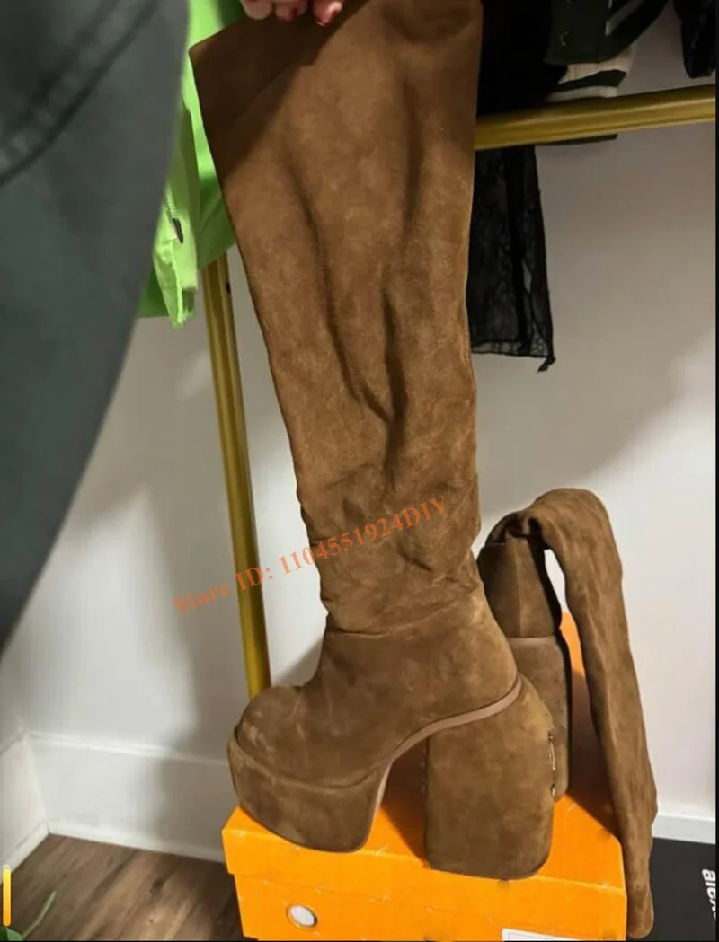 

Suede Mid Calf Boots Knee High Platform Round Toe Block Heel Stretch Knee Boots Women's Cool Punk Style Long Boot