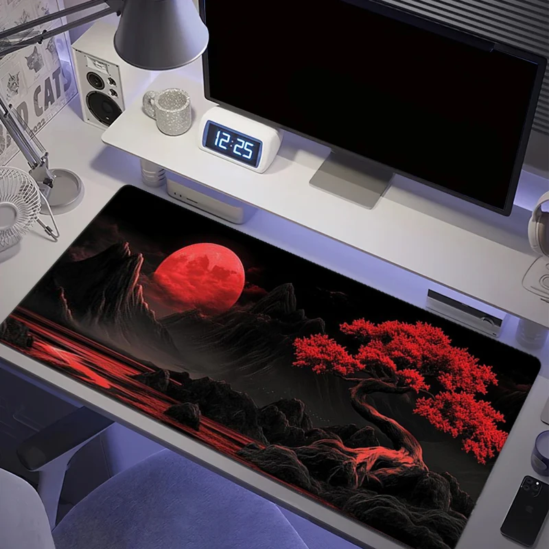 Red Moon Landscape Silicone Soft Gaming Mouse Pad Large Keyboard Pad Topographic Mouse Pad for Keyboard with Anti-Slip Table Mat