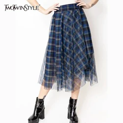 TWOTWINSTYLE Plaid Skirts For Women High Waist Patchwork Mesh Colorblock Summer Tunic Temperament Skirt Female Fashion Clothes