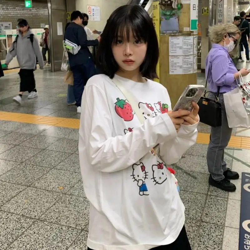 Cotton Cartoon Hello Kitty Graphic T Shirts Woman Clothes Long Sleeve 2000s Clothes Y2k Tees Female Clothing Autumn Tops T-shirt