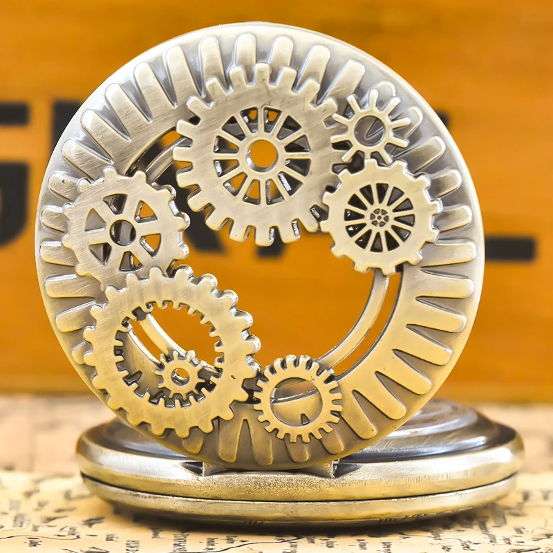 Vintage Bronze Steampunk Copper Cutout Gear Quartz Pocket Watch Necklace Pendant Clock Chain Men Women Chain Gift